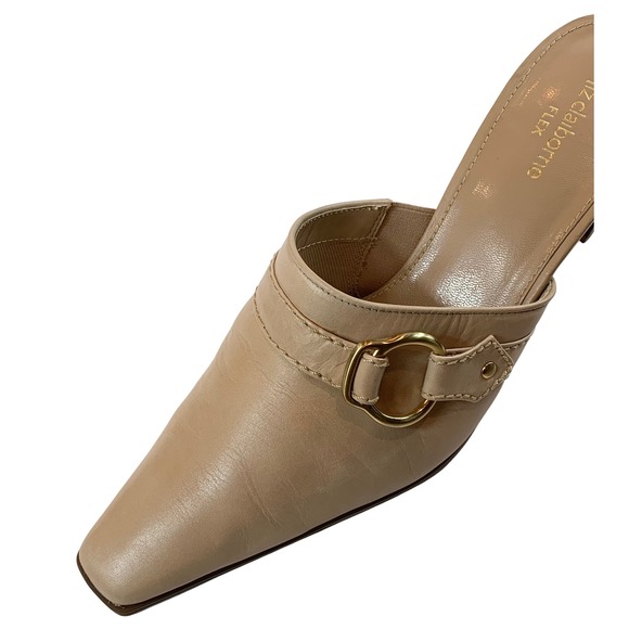 Liz Claiborne Flex Beige Leather Pointed Toe Buckle Block Heel Mules Womens 10M - Picture 2 of 8